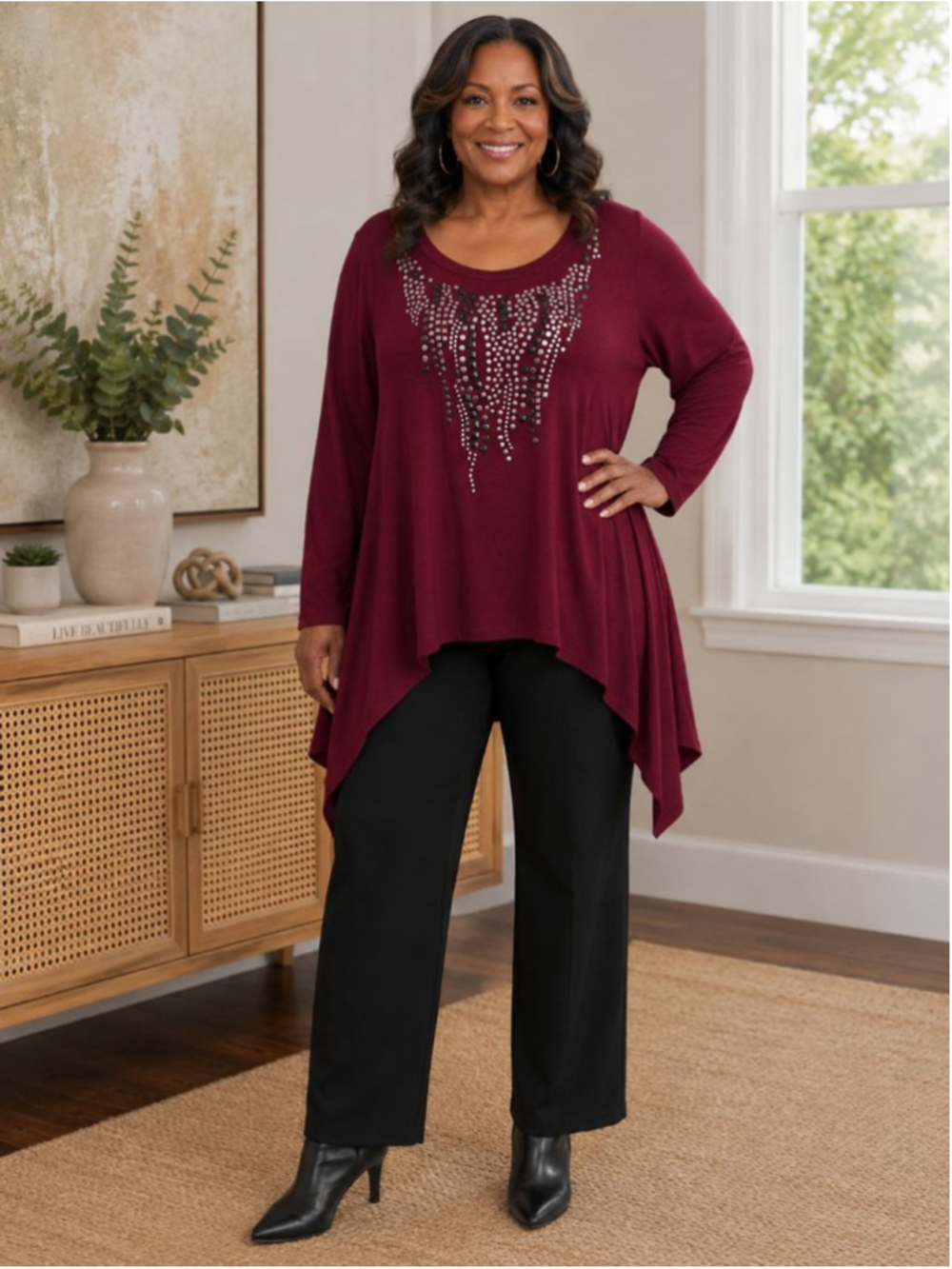 K. Jordan Burgundy Embellished Tunic Top Women's Plus Size 1X